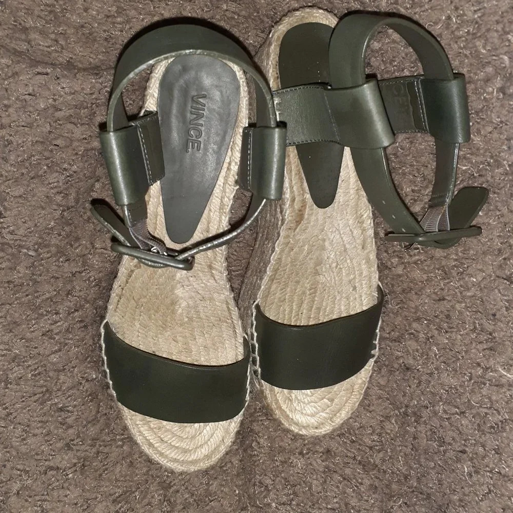 VINCE-Abby-Green Leather Espadrille Platform Sandals-Ankle Strap-Sz 7-Excellent - Picture 6 of 8